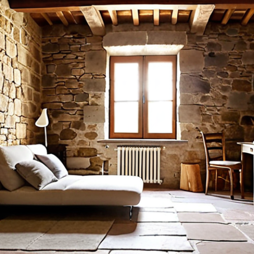 Home 19 **
> A cozy Italian home interior with exposed stone walls and modern furnishings. Sunlight streams through energy-efficient windows. A smart thermostat is subtly visible on the wall. The image emphasizes warmth, comfort, and a blend of rustic and modern design elements, showcasing the benefits of good insulation and smart home technology. Focus on the "Made in Italy" style furniture and decor.
**