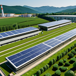 A vibrant depiction of Italian industry undergoing a green transformation. A modern factory complex, sleek and efficient, is seamlessly integrated with renewable energy sources like extensive solar panels on rooftops and small wind turbines. The surrounding landscape features lush greenery and innovative architectural elements, symbolizing sustainable growth and the positive impact of national recovery investments. The overall atmosphere is futuristic and hopeful, showcasing a blend of technology and nature.