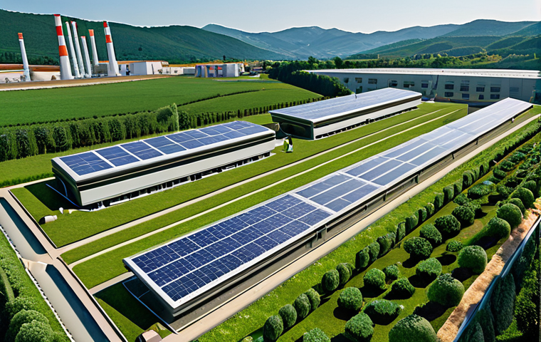 A vibrant depiction of Italian industry undergoing a green transformation. A modern factory complex, sleek and efficient, is seamlessly integrated with renewable energy sources like extensive solar panels on rooftops and small wind turbines. The surrounding landscape features lush greenery and innovative architectural elements, symbolizing sustainable growth and the positive impact of national recovery investments. The overall atmosphere is futuristic and hopeful, showcasing a blend of technology and nature.