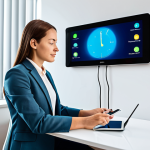 A professional woman in a modest business casual suit, seated at a modern, clean desk in a brightly lit, contemporary home office. She is attentively interacting with a sleek tablet, which displays an intuitive application interface showing real-time home energy consumption data and controls for smart devices. In the background, subtle smart home elements like a minimalist smart thermostat on the wall and dimmable LED lights are visible, indicating an efficiently managed, comfortable living space. The scene emphasizes modern technology seamlessly integrating into daily life for energy optimization. Perfect anatomy, correct proportions, natural pose, well-formed hands, proper finger count, natural body proportions. Professional photography, high quality, realistic, safe for work, appropriate content, fully clothed, family-friendly.