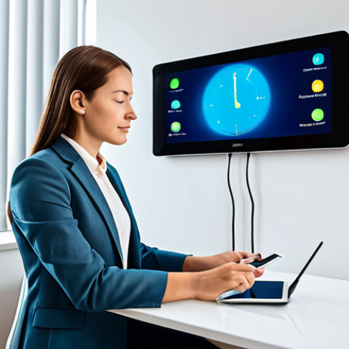 Home 17 A professional woman in a modest business casual suit, seated at a modern, clean desk in a brightly lit, contemporary home office. She is attentively interacting with a sleek tablet, which displays an intuitive application interface showing real-time home energy consumption data and controls for smart devices. In the background, subtle smart home elements like a minimalist smart thermostat on the wall and dimmable LED lights are visible, indicating an efficiently managed, comfortable living space. The scene emphasizes modern technology seamlessly integrating into daily life for energy optimization. Perfect anatomy, correct proportions, natural pose, well-formed hands, proper finger count, natural body proportions. Professional photography, high quality, realistic, safe for work, appropriate content, fully clothed, family-friendly.