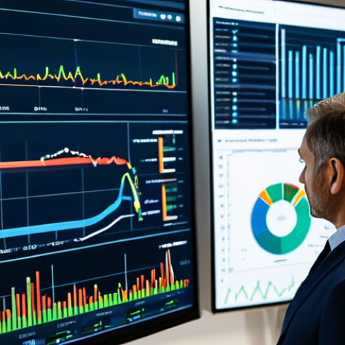 Home 8 A professional male entrepreneur, mid-40s, wearing a modest business suit, standing in a sleek, modern control room. He is looking at a large digital screen displaying complex energy consumption data and real-time analytics for a small to medium-sized enterprise (PMI). The screen shows detailed graphs and charts, illustrating energy flows within a factory or office. The background features blurred, subtle industrial machinery or office elements, indicating an operational setting. The room is well-lit with ambient light. This image embodies smart energy management and data-driven decision-making. safe for work, appropriate content, fully clothed, professional dress, perfect anatomy, correct proportions, natural pose, well-formed hands, proper finger count, natural body proportions, high-quality professional photography.